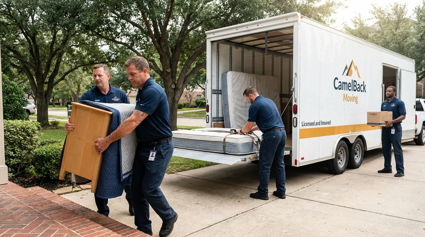 Crew loading residential truck for cross-state move from Emerald Isle, NC