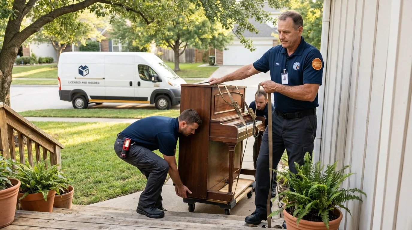 Licensed piano movers securing grand piano in Emerald Isle, NC
