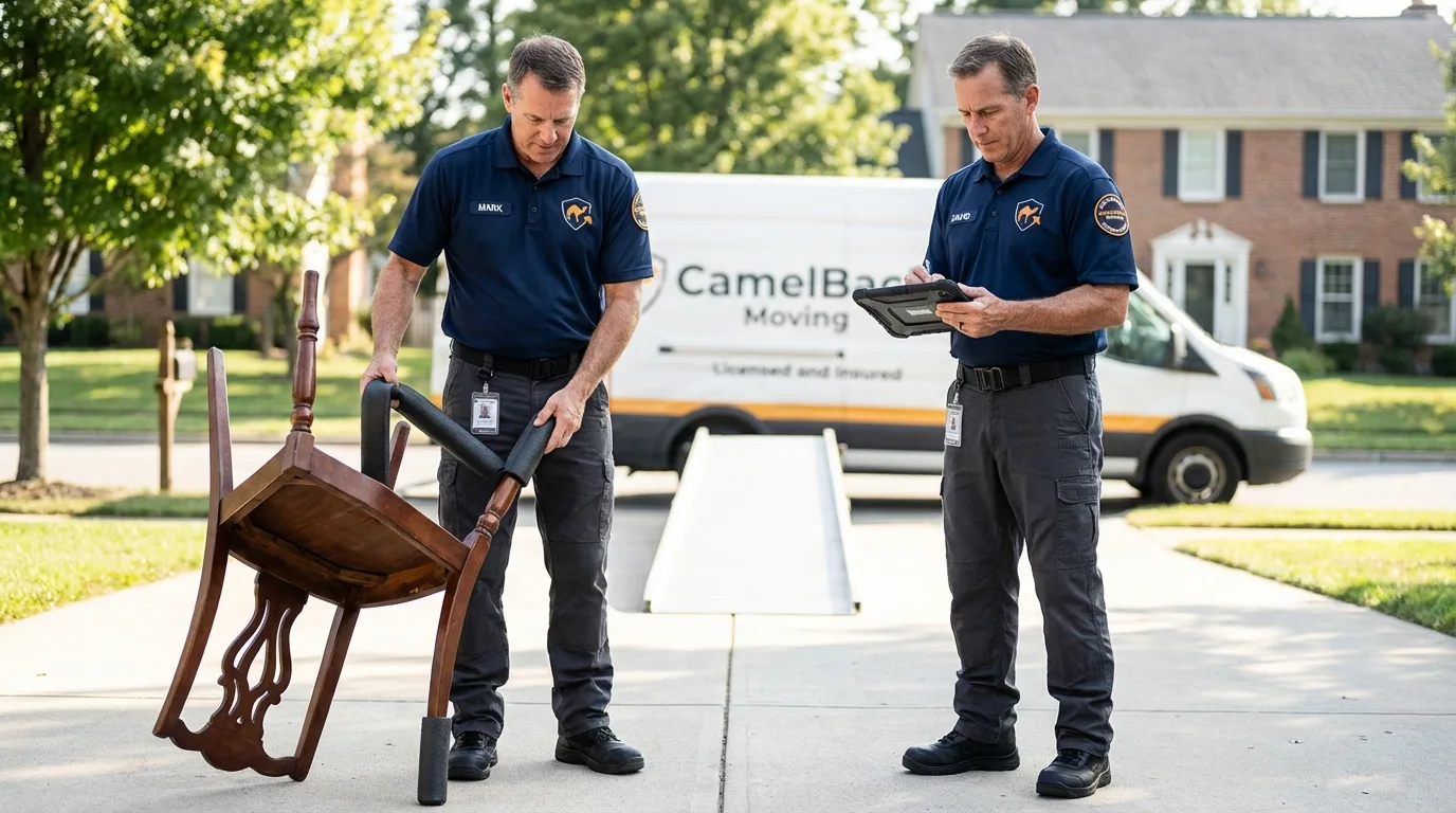 Movers inspecting furniture for damage prevention before loading in Emerald Isle, NC