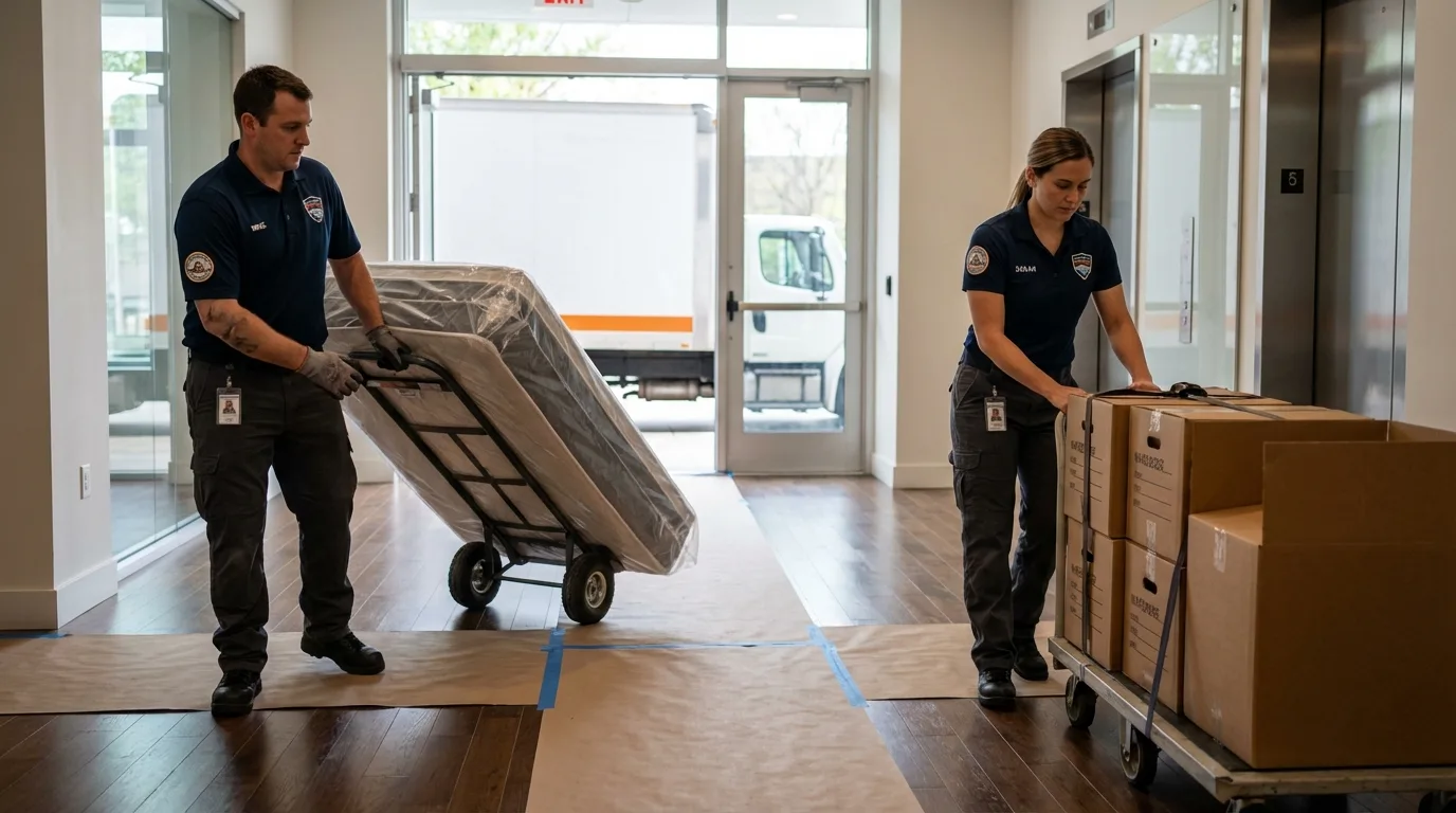 Professional apartment movers loading elevator in Emerald Isle, NC
