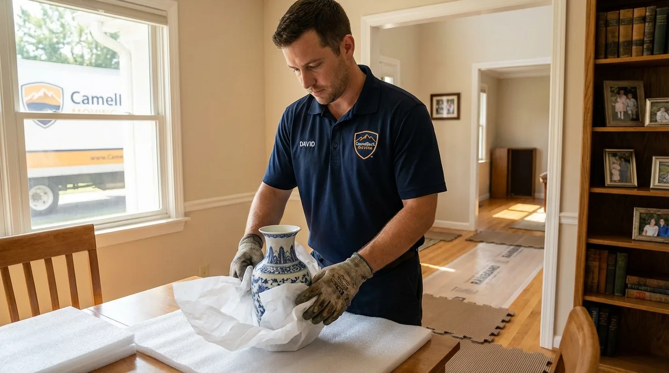 Professional crew carefully wrapping antique vase for senior downsizing move in Emerald Isle, NC