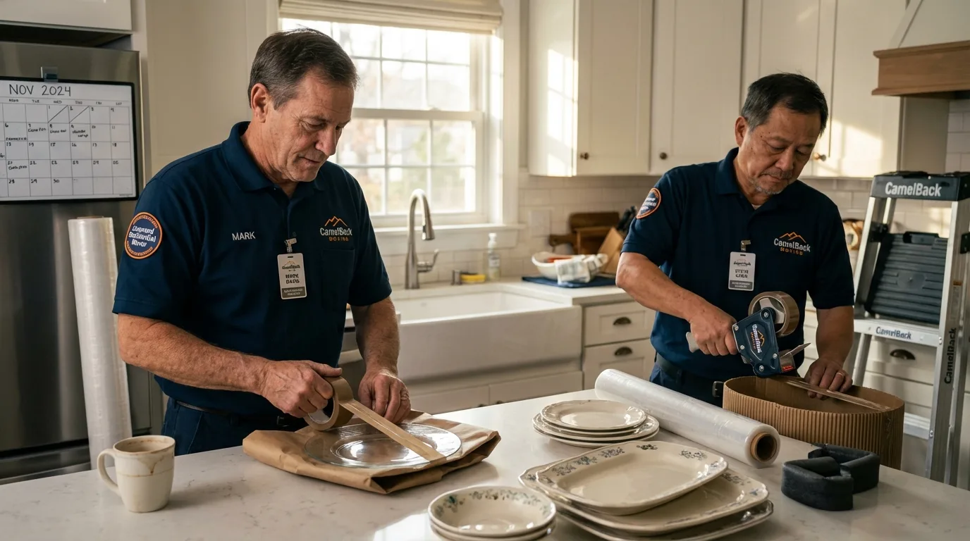 Professional crew packing kitchen dishware in Emerald Isle, NC